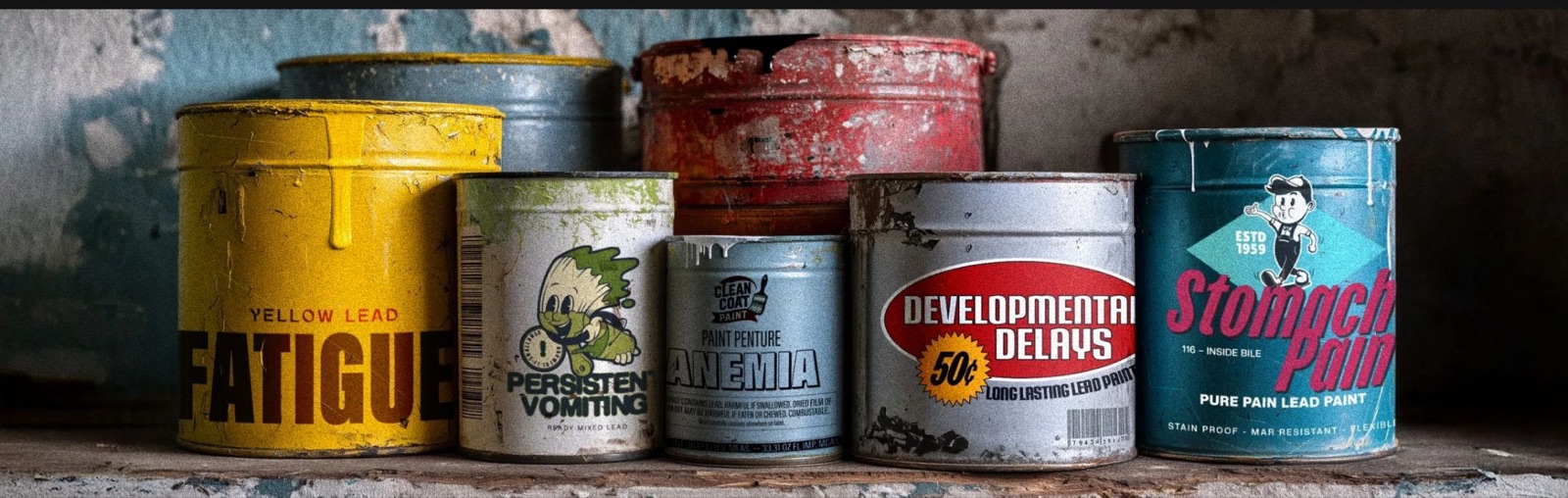 Cans of Pain — weathered lead paint cans relabelled with symptoms: Fatigue, Persistent Vomiting, Anemia, Developmental Delays, Stomach Pain