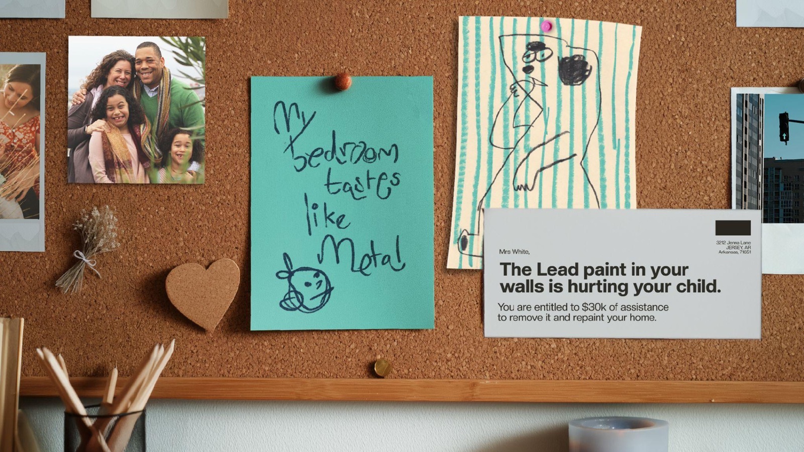A child's corkboard telling the lead-exposure story a family already blamed on something else