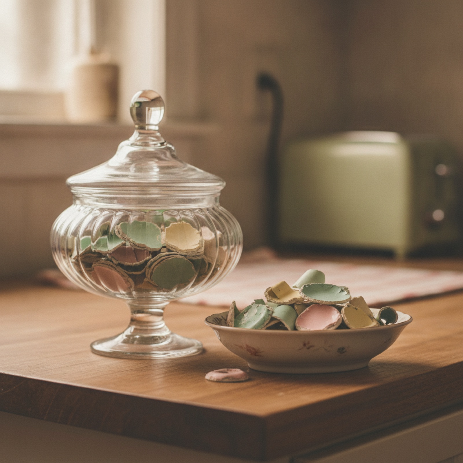 A candy jar in a warm 1970s kitchen filled with curling pastel paint chips