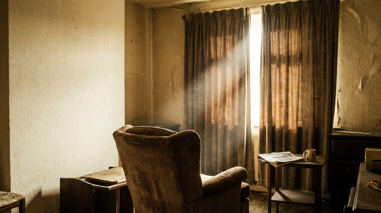 Drawn curtains on a quiet home — the one visible sign of a heat emergency happening indoors